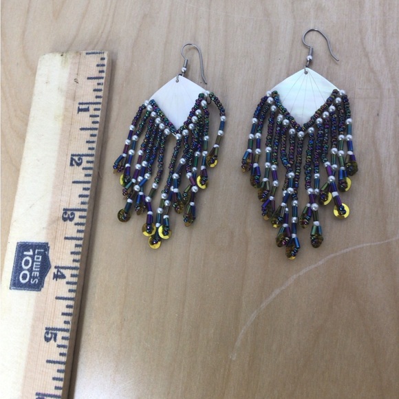 Tribal Beaded Dangle Earrings Abalone Shell Style - Picture 3 of 3